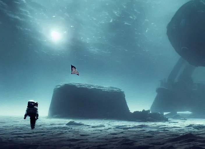 Image similar to astronaut holding a flag in an underwater desert. a submarine is visible in the distance. dark, concept art, cinematic, dramatic, atmospheric, 8 k, trending on artstation, blue, fish, low visibility, fog, ocean floor, christopher nolan, interstellar