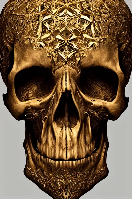 Image similar to skull, close - up portrait, powerful, intricate, elegant, volumetric lighting, digital painting, highly detailed, artstation, sharp focus, illustration, concept art, black ink pen, small gold leaf flake accents