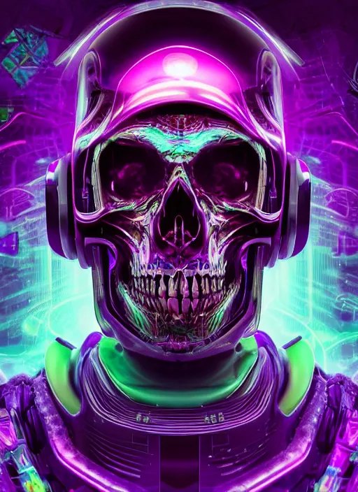 Image similar to album art of a futuristic skull with glowing eyes and a purple background, cyberpunk art by android jones, behance contest winner, computer art, darksynth, synthwave, rendered in cinema 4 d