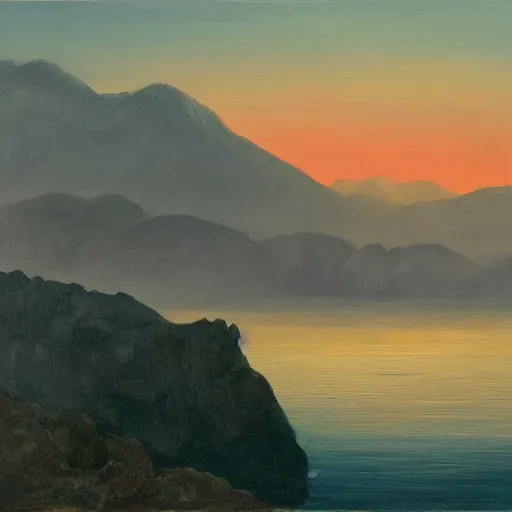 Image similar to mountains in the foreground, sea in the background at dawn, painting