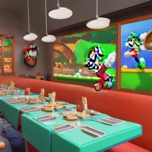 Prompt: a Mario Bros restaurant, 8k photography, high definition, trending on artstation, HDR, Instagram photo, professional lighting