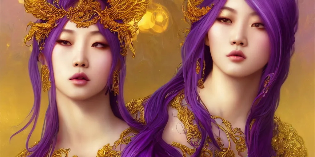 Image similar to asian nymph goddess flowing purple hair twisting in sensual pose with golden tattoes of cursive sigils on her opalescent skin, fantasy, intricate, very beautiful, elegant, golden light, highly detailed, digital painting, artstation, concept art, smooth, sharp focus, unreal engine, art by wlop and tian zi and alphonse mucha