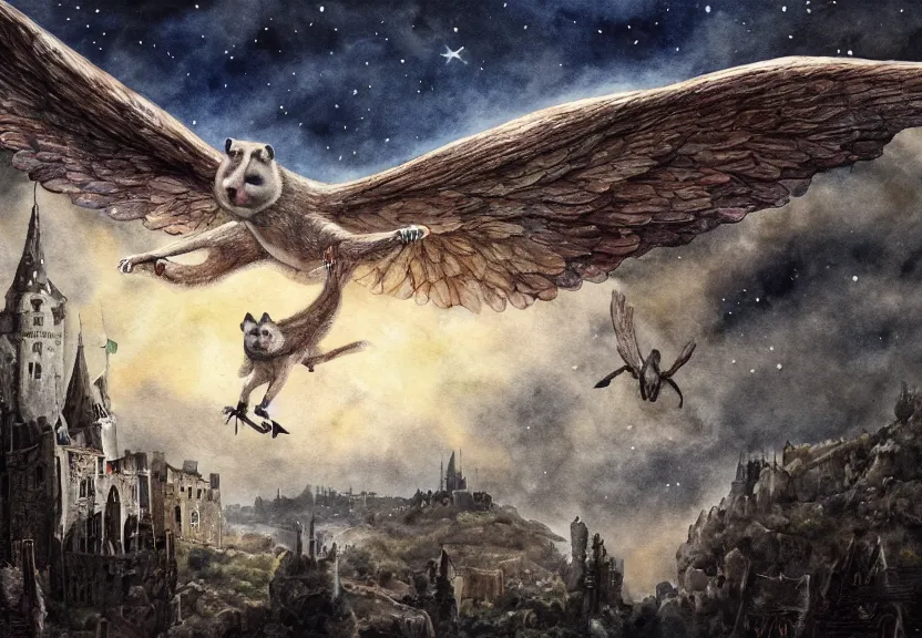 Image similar to epic winged possum flying over a medieval castle under a dark starred sky, dark fantasy, watercolor, dreaming illusion, highly detailed, 4k, trending on Artstation, award-winning