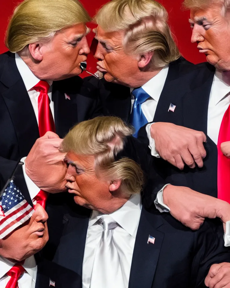 Prompt: high quality photo of donald trump kissing donald trump. donald trump kissing donald trump. donald trump kissing donald trump. donald trump and donald trump kissing. award winning. hq. hd. brilliant. funny