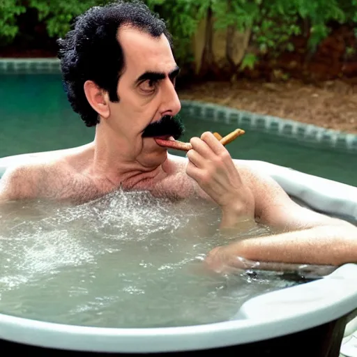 Prompt: borat smoking a joint in a hot tub