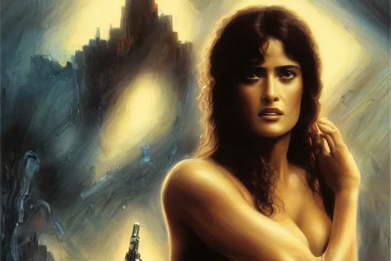 Image similar to young Salma Hayek as a replicant from blade runner, detailed, centered, digital painting, artstation, concept art, donato giancola, Joseph Christian Leyendecker, WLOP, Boris Vallejo, Breathtaking, 8k resolution, extremely detailed, beautiful, establishing shot, artistic, hyperrealistic, beautiful face, octane render