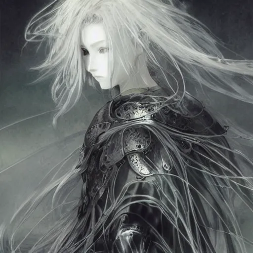 Image similar to yoshitaka amano blurred and dreamy illustration of an anime girl with wavy white hair and cracks on her face wearing elden ring armour with the cape fluttering in the wind, abstract black and white patterns on the background, noisy film grain effect, highly detailed, renaissance oil painting, weird portrait angle