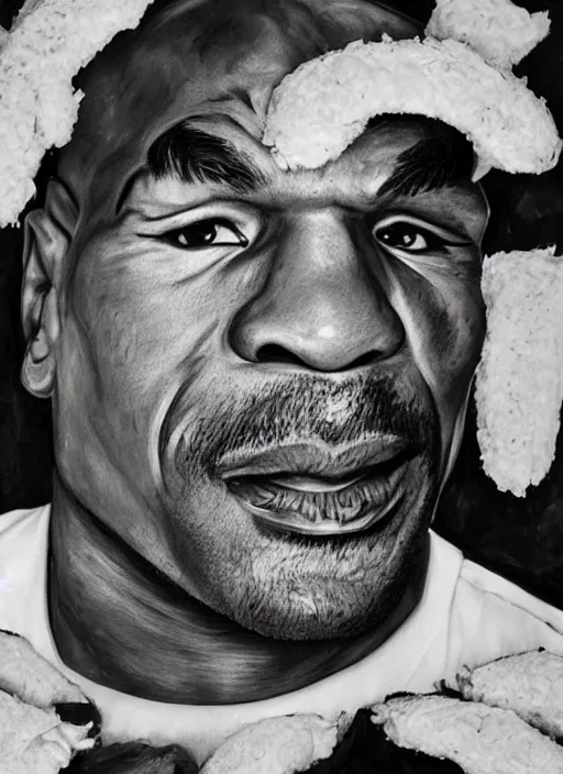 Image similar to a photorealistic portrait of mike tyson's face constructed from chicken cutlets.