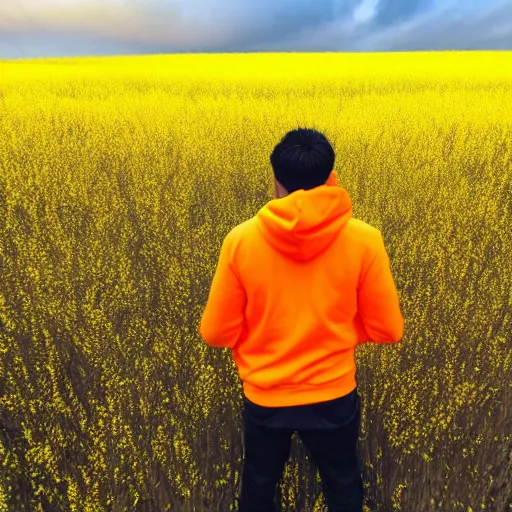 Image similar to an extreme wide shot of a man standing in a yellow field wearing a neon salmon hoodie