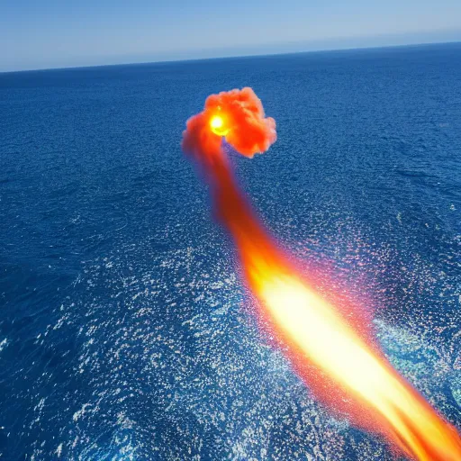 Prompt: A fireball jumping out of a clear blue sea creating a vortical tsunami , 8k