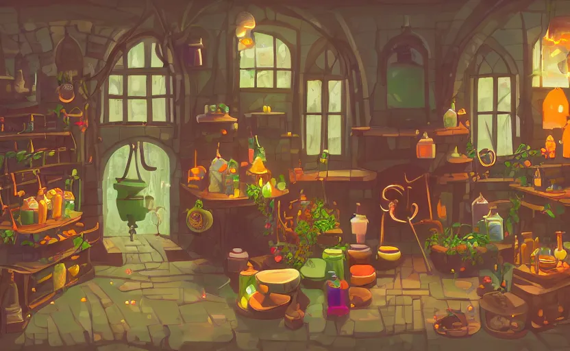 Image similar to interior of a witch's shop, bottles of potions, a large cauldron with bubbles, lush vegetation, a counter with a cash register, artstation, concept art by peter chan, colorful lighting, pixel art