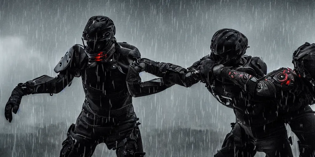 Image similar to 2 warriors in de exoskeletons battling each other in heavy rain, ground fog, moody lighting, 8 k, lightning, shallow depth of field, cinematic lighting,