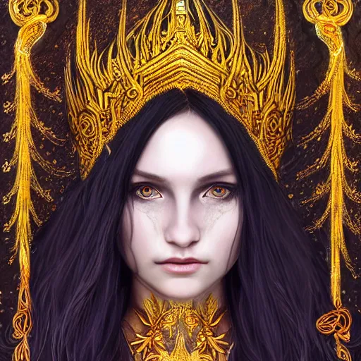 Image similar to highly detailed sharp photorealistic portrait of a beautiful lithuanian female priestess with shimmering hair, symmetrical face and eyes, dressed in intricate flowing silk, the silky cloth lined with golden glowing letters, cgsociety, Elden Ring, Dark Souls, Bloodborne H 640