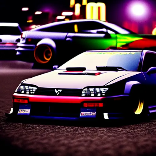 Image similar to a car 300ZX twin turbo drift at illegal car meet, Shibuya prefecture, city midnight mist lights, cinematic lighting, photorealistic, highly detailed wheels, high detail