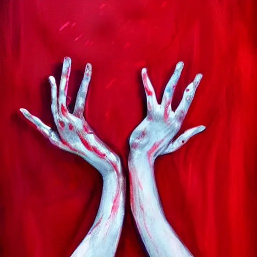 Prompt: a young girl's hands are covered in red paint, creating abstract art in her bedroom!, realism art, digital art, 3 d modeling, light painting, night scene, realistic art, illustration, hand drawn