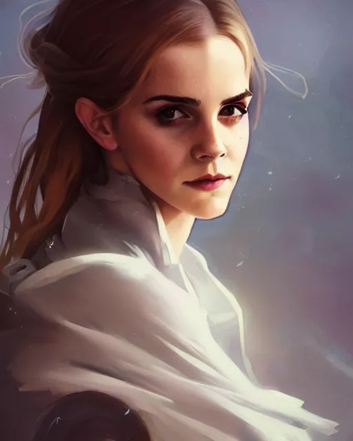 Image similar to '' Portrait of Beautiful blonde emma watson in her early 30’s, league of legends, LOL, fantasy, d&d, digital painting, artstation, concept art, sharp focus, illustration, art by greg rutkowski and alphonse mucha ''