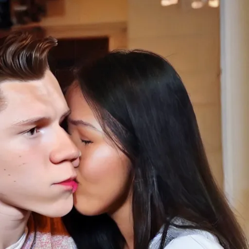 Prompt: Tom Holland kissing a Filipina college girl