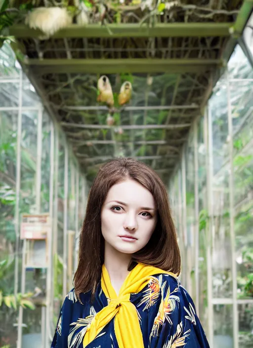 Image similar to portrait photograph of beautiful!!!! young female model, symmetric face, symmetric eyes, slight smile, natural light, wearing a yellow kimono with a very detailed barn owl on her shoulder!!! in a tropical greenhouse. looking at the camera!!. super resolution. Extremely detailed. Graflex camera, bokeh.