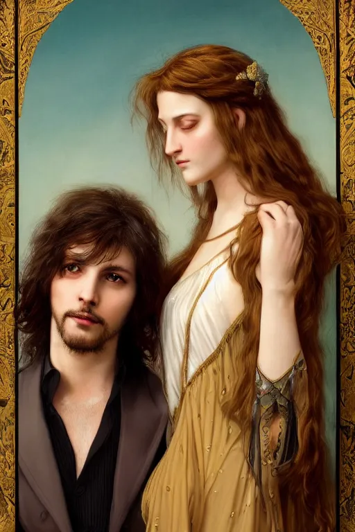 Image similar to a portrait of handsome young male rock star with long hair and his elegant beautiful bohemian wife, bored, illustration, dramatic lighting, soft details, painting oil on canvas, art nouveau, octane render, HDR, 4k, 8k, HD, by Edmund Blair Leighton, Brom, Charlie Bowater, trending on artstation, faces by Tom Bagshaw, Sargent