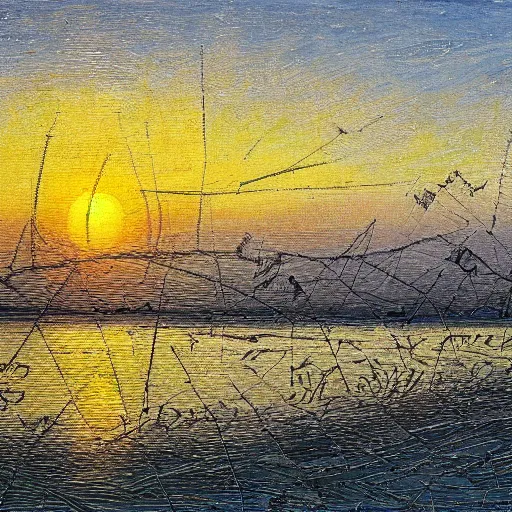 Image similar to sunrise over the dnipro river, by ivan marchuk