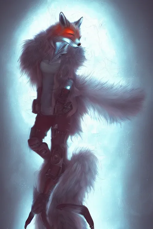 Image similar to an anthropomorphic cyberpunk fox with a fluffy tail, backlighting, trending on artstation, digital art, furry art, trending on furaffinity, fantasy art, by kawacy