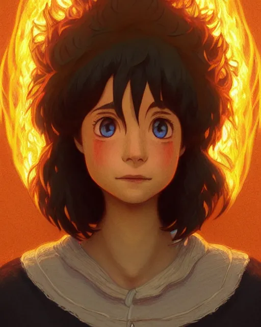 Image similar to real life portrait of calcifer from the movie howl's moving castle, intricate, elegant, highly detailed, digital painting, artstation, concept art, smooth, sharp focus, illustration, art by artgerm and greg rutkowski and fra angelico and alphons mucha