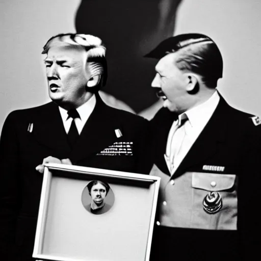Image similar to world War 2 portrait of a very happy Donald Trump standing next to Adolf Hitler, black and white photography, shot by Annie Leibovitz, 4k, 8k, highly detailed