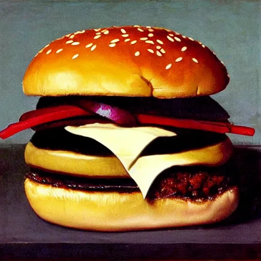 Prompt: The Hamburglar eating burger. Painted by Caravaggio, high detail