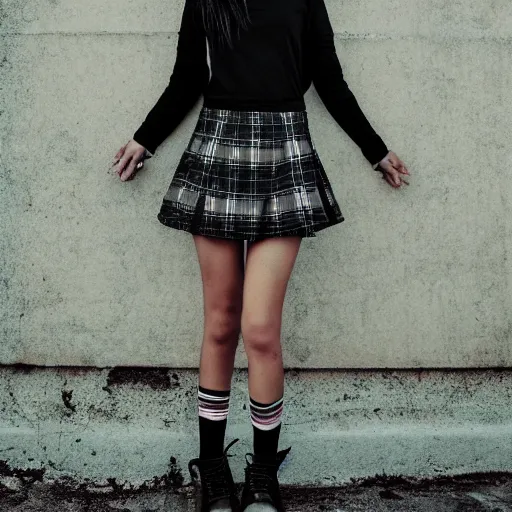 Image similar to female jade weber model teenage goth photography plaid mini skirt band shirt beautiful face, dramatic light darkroom