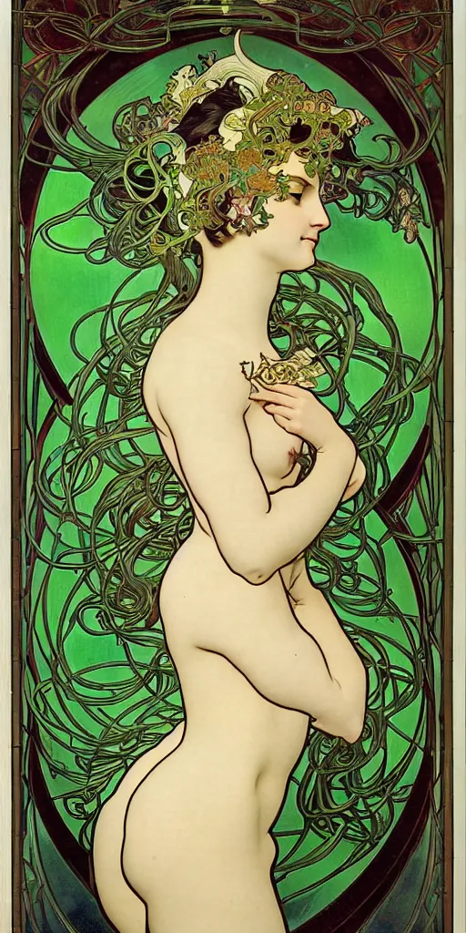 Prompt: a neo - bizantine beautiful woman with big bull horns, taurus zodiac sign symbol, graceful face, green stained glass, 1 8 th century spring ornaments, venus planet symbol, by hajime sorayama, alphonse mucha, james jean, rene lalique, - w 7 0 4