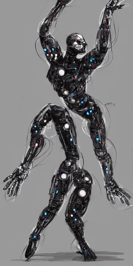 Prompt: a beautiful concept art of human shaped showman dancing cyborg with two arms and two legs by james gurney, trending on artstation.