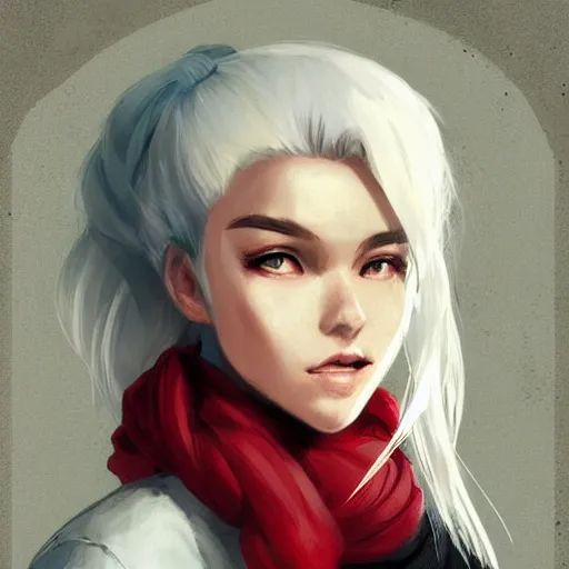 Image similar to portrait of a girl with white hair in a messy white hairbun. She is wearing a short black tshirt, jeans pants, a red scarf. magic atmosphere, digital art, character design. in the style of wlop, rossdraws, artstation trending