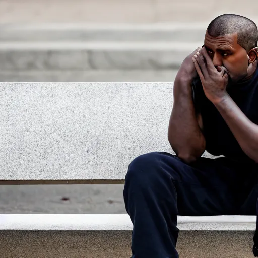 Image similar to dslr photo still of sad kanye west sitting on a park bench with a tear on his cheek, 8 k, 1 1 0 mm f 1 6