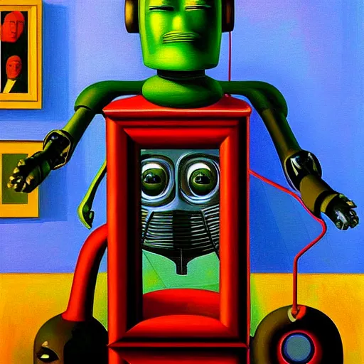 Prompt: super - intelligent robot with kind eyes portrait, lowbrow, pj crook, grant wood, edward hopper, oil on canvas