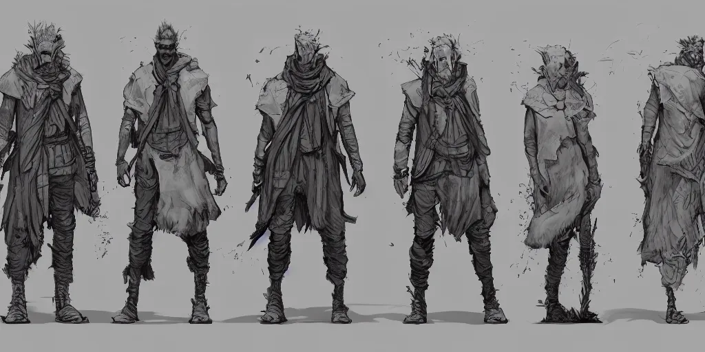 Prompt: a wanderer, character sheet, concept design, contrast, kim jung gi, greg rutkowski, zabrocki, karlkka, jayison devadas, trending on artstation, 8 k, ultra wide angle, pincushion lens effect