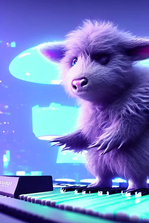 Image similar to high quality 3 d render sci - fi very cute neuromancer fluffy! mutant cow hybrid! playing keyboard, highly detailed, unreal engine cinematic smooth, in the style of blade runner & detective pikachu, hannah yata charlie immer, moody blue light, low angle, uhd 8 k, sharp focus