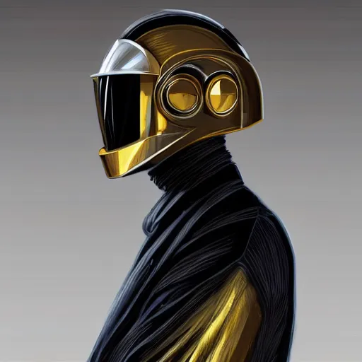 Image similar to painting Daft Punk member wearing long black coat, elegant, intricate, highly detailed, digital painting, artstation, concept art, sharp focus, illustration, art by artgerm and greg rutkowski and alphonse mucha