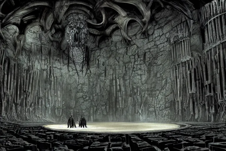 Prompt: a balrog lurking in moria, style of h. r. giger, many columns, mines of moria from the lord of the rings in the style of h. r. giger, directed by ridley scott, dark, cinematic, highly detailed, cinemascope