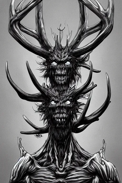 Image similar to humanoid figure monster with antlers, highly detailed, digital art, sharp focus, trending on art station, kentaro miura manga art style