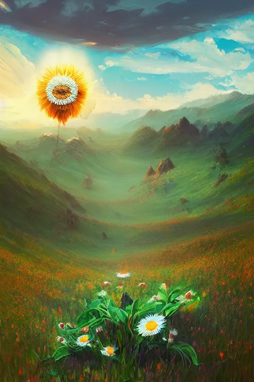 Image similar to giant daisy flower head, in the mountains, surreal photography, sunrise, dramatic light, impressionist painting, colorful clouds, digital painting, artstation, simon stalenhag