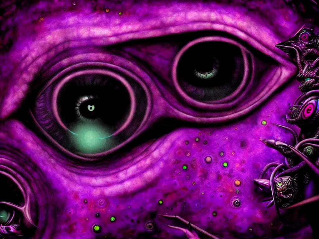 Image similar to highly detailed photo of psychedelic dilated pupil, trending on deviantart, black and purple, neo surrealism, sharp focus, a lot of little details, octane, masterpiece, art by max ernst