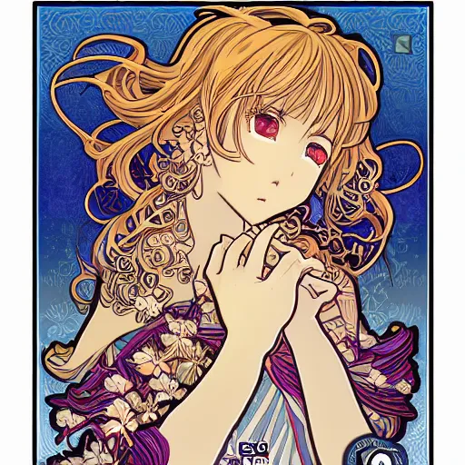 Prompt: anime manga closeup floral detailed highres 4k intricate nature comic patterns vector illustration style by Alphonse Mucha and James Jean pop art nouveau