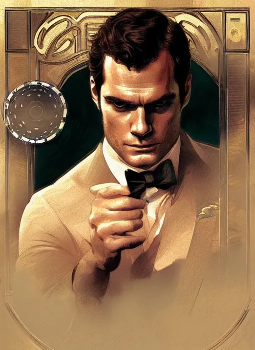 Prompt: portrait of henry cavill as james bond, casino, poker cards, highly detailed, digital painting, artstation, concept art, cinematic lighting, sharp focus, illustration, by gaston bussiere alphonse mucha