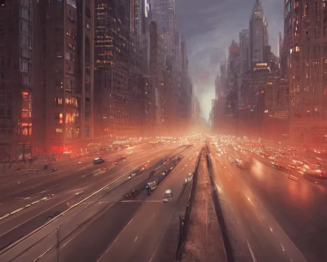 Image similar to beautiful matte painting of traffic jam on the streets of neo new york in evening by greg rutkowski, 4 k, extreme details, photorealism