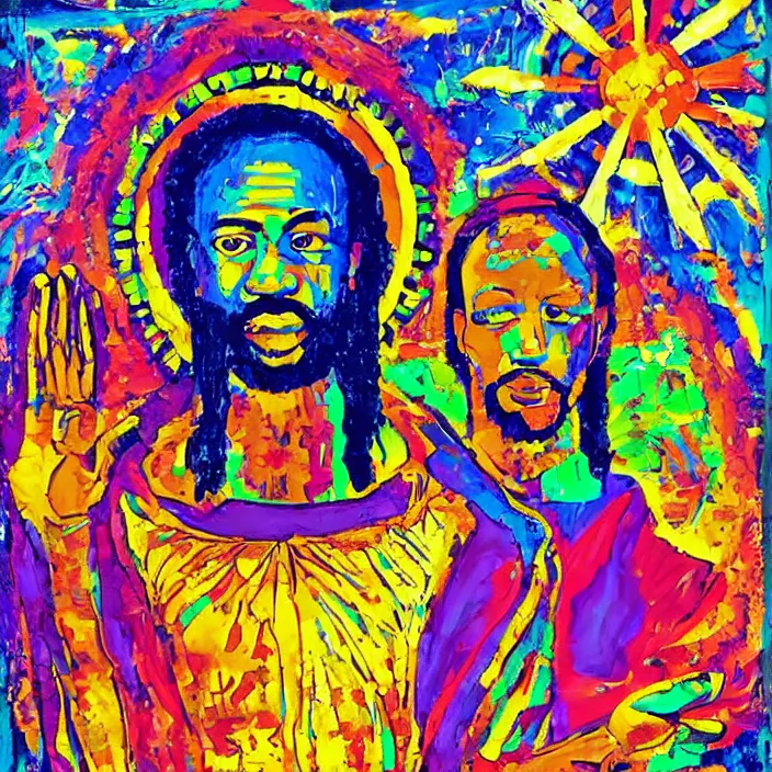 Image similar to UFO and an African Jesus in the sky , colourful, in the style of Nigerian truck art,