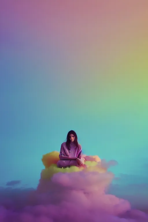 Prompt: high quality pastel coloured film photograph of a model wearing clothing resting on cloud furniture on clouds in a haze filled dreamstate world. three point light, rainbow. photographic production. art directed. pastel colours. volumetric clouds. pastel gradient overlay. waves glitch artefacts. 8 k. filmic.