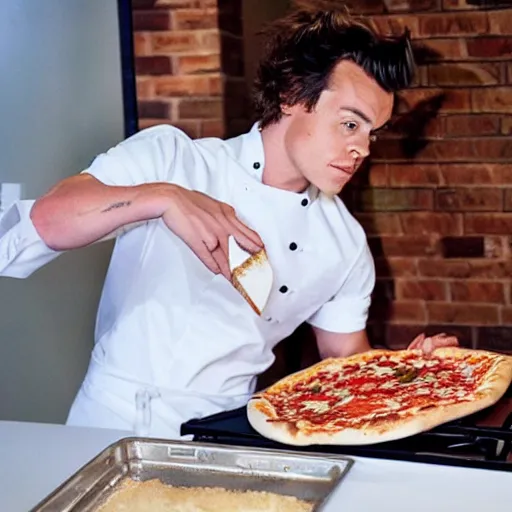 Prompt: a realistic photo of Harry styles making a pizza, ultra realistic