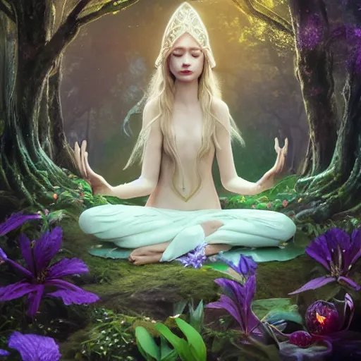 Prompt: elven princess meditating in forest, magical flowers, surrounded by fairies, beautiful face, wisps, surreal, surrealist art, photo, trending on artstation, ultra detailed, intricate, sacred geometry, serene, beautiful, photo, realistic, perfect, smooth, light shafts, light diffusion, chromatic aberration, moebius, by moebius, peter mohrbacher, eye contact, symmetry, magical princess