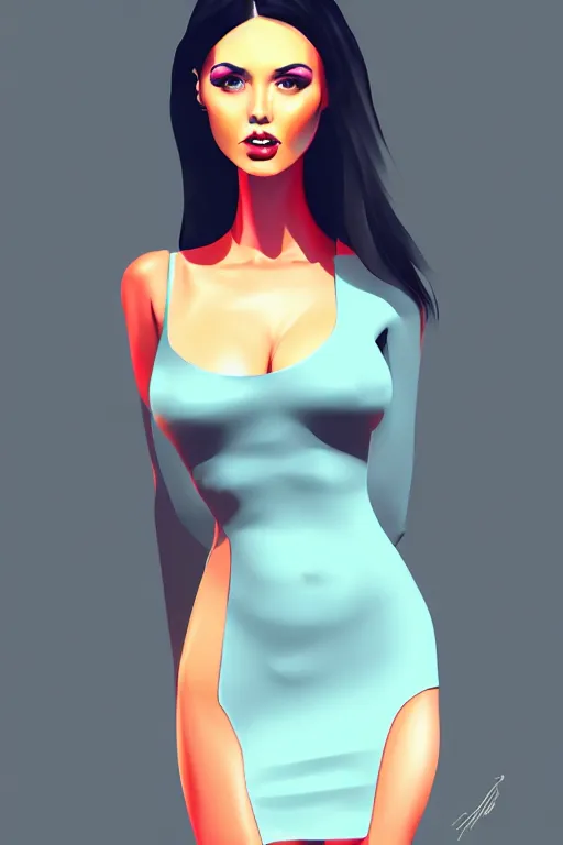 Image similar to full length portrait of very very very very very beautifully female with amazing body figure wearing tight dress, digital painting, trending on art station and devian art, pop art, low polygons illustration