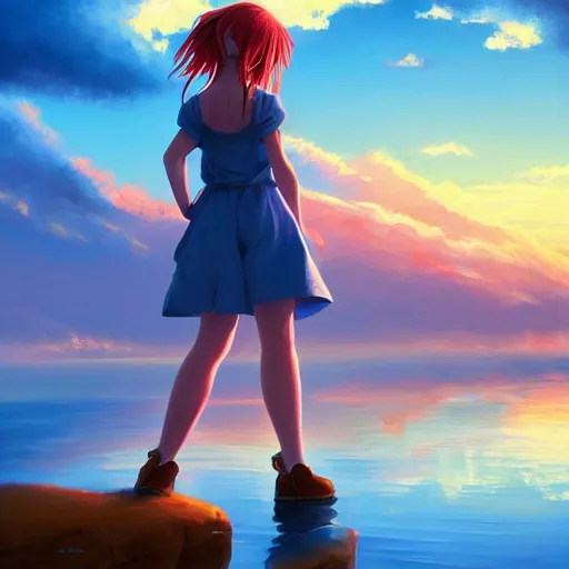 Prompt: an painting of anime girl standing on the lake with cumulus clouds under the sunset, by rhads and makoto shinkai, ultra hd anime wallpaper, digital art.